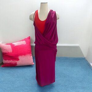Atlein Draped Two Tone Silk Blend Dress Fuchsia Red Sleeveless Made In Italy